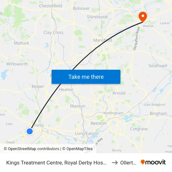 Kings Treatment Centre, Royal Derby Hospital to Ollerton map