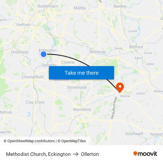 Methodist Church, Eckington to Ollerton map