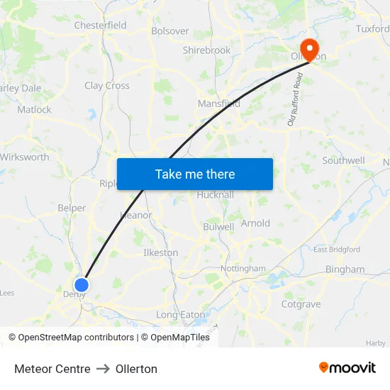 Meteor Centre to Ollerton map