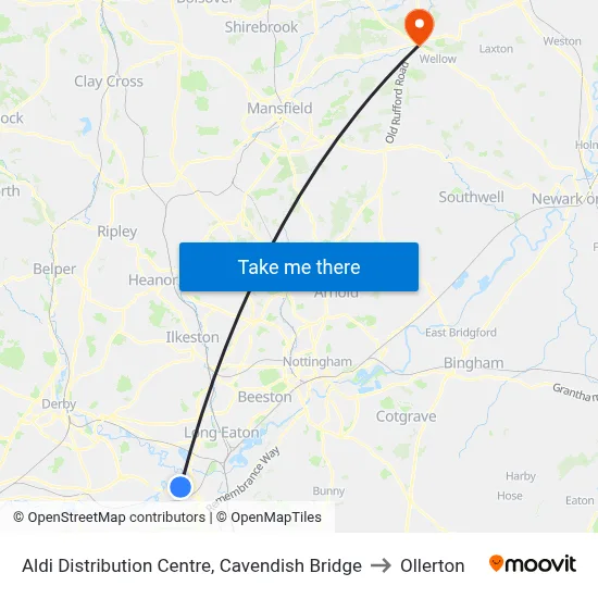 Aldi Distribution Centre, Cavendish Bridge to Ollerton map