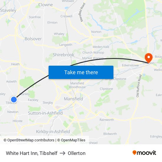 White Hart Inn, Tibshelf to Ollerton map