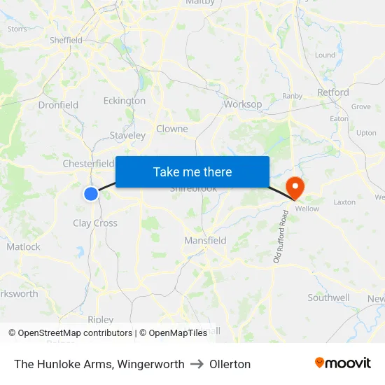 The Hunloke Arms, Wingerworth to Ollerton map
