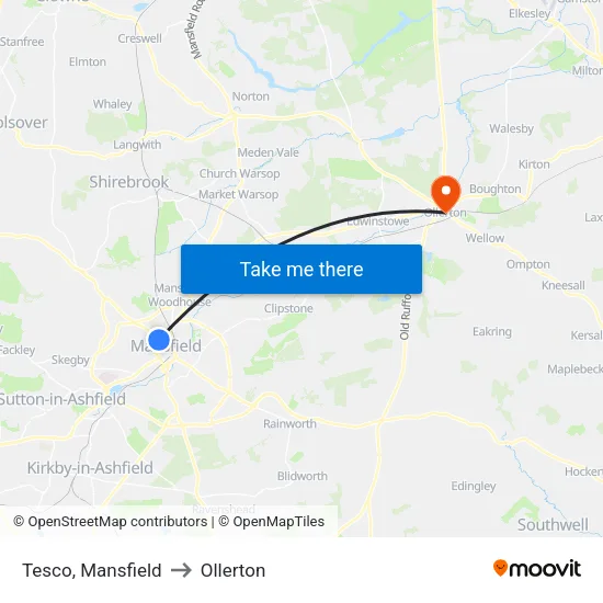 Tesco, Mansfield to Ollerton map