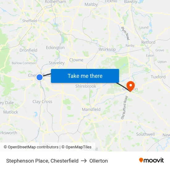 Stephenson Place, Chesterfield to Ollerton map