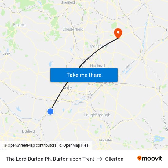 The Lord Burton Ph, Burton upon Trent to Ollerton map