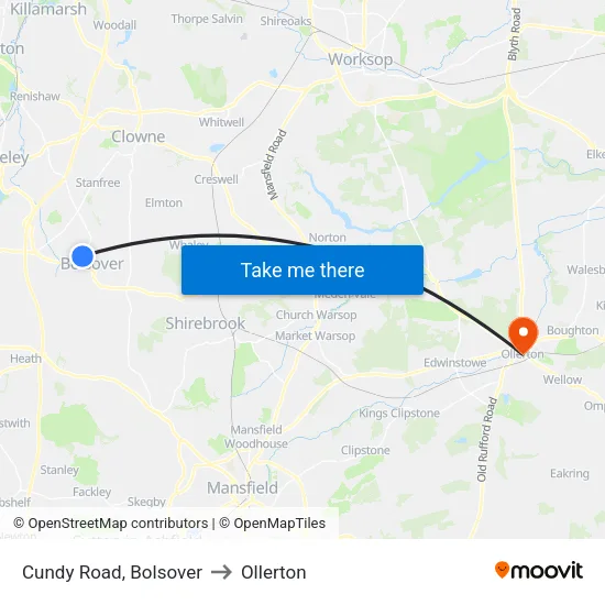 Cundy Road, Bolsover to Ollerton map