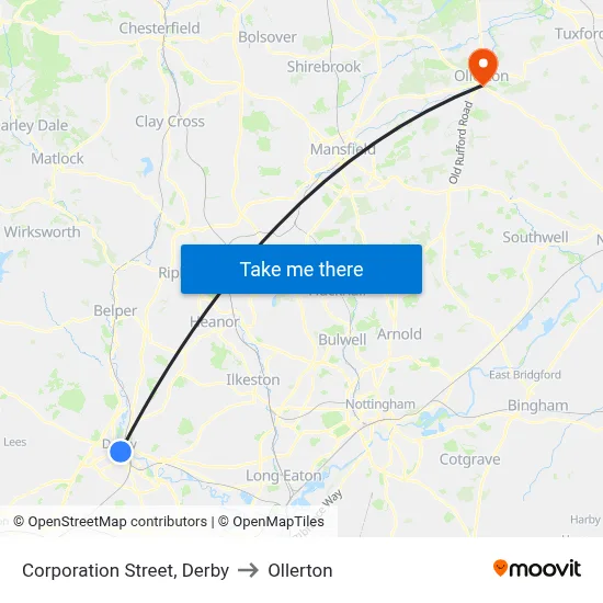 Corporation Street, Derby to Ollerton map