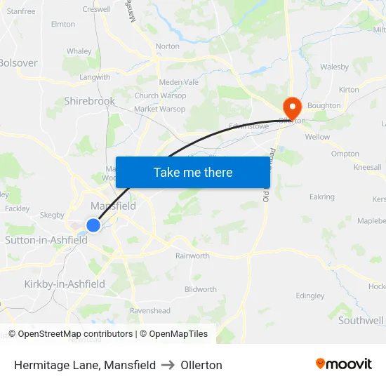Hermitage Lane, Mansfield to Ollerton map
