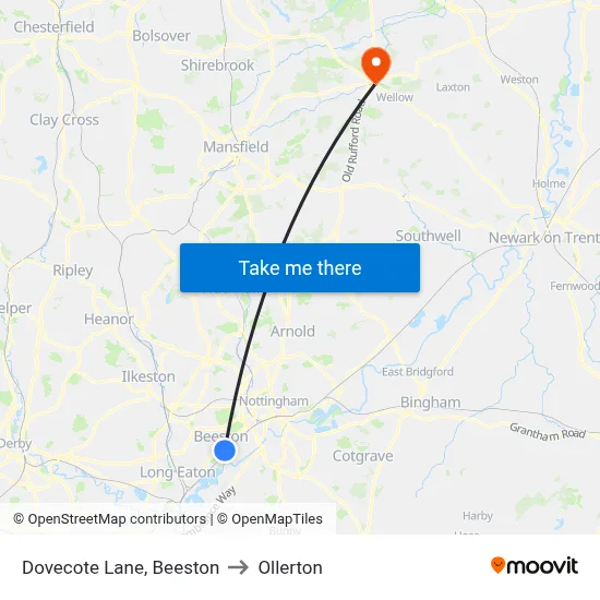 Dovecote Lane, Beeston to Ollerton map