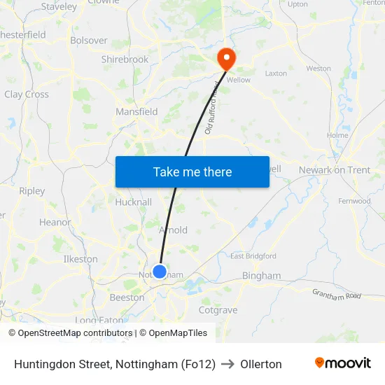 Huntingdon Street, Nottingham (Fo12) to Ollerton map