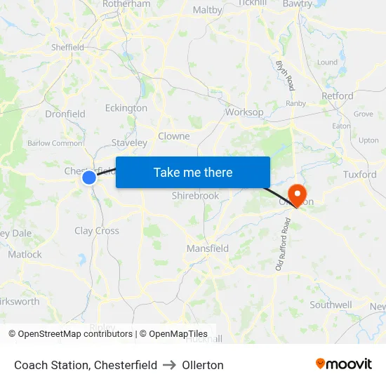 Coach Station, Chesterfield to Ollerton map