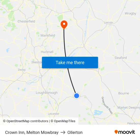 Crown Inn, Melton Mowbray to Ollerton map