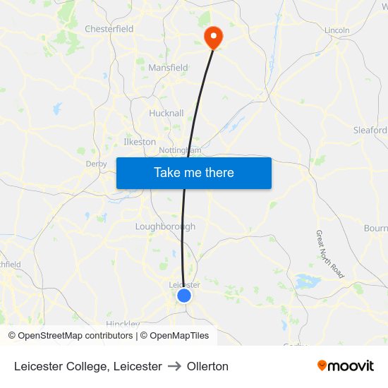 Leicester College, Leicester to Ollerton map