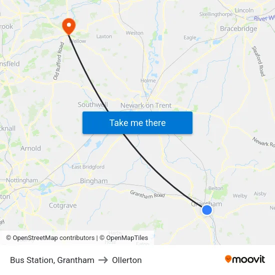 Bus Station, Grantham to Ollerton map