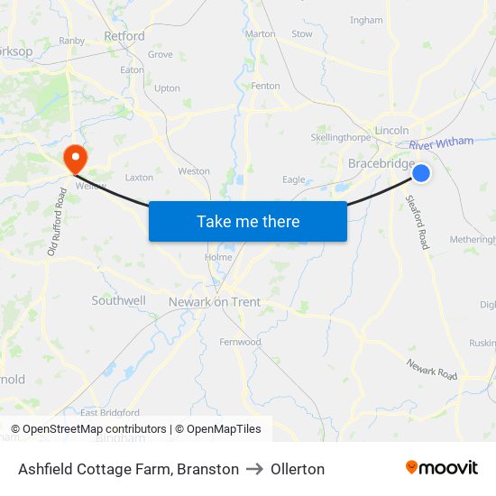 Ashfield Cottage Farm, Branston to Ollerton map