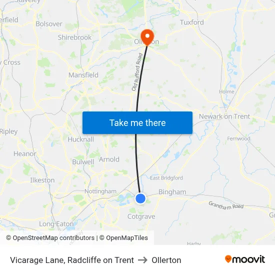 Vicarage Lane, Radcliffe on Trent to Ollerton map