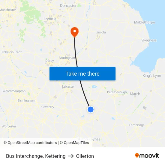 Bus Interchange, Kettering to Ollerton map