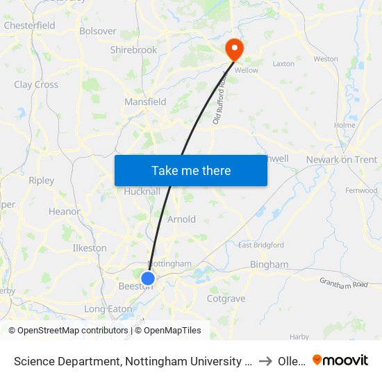 Science Department, Nottingham University Main Campus (Un31) to Ollerton map