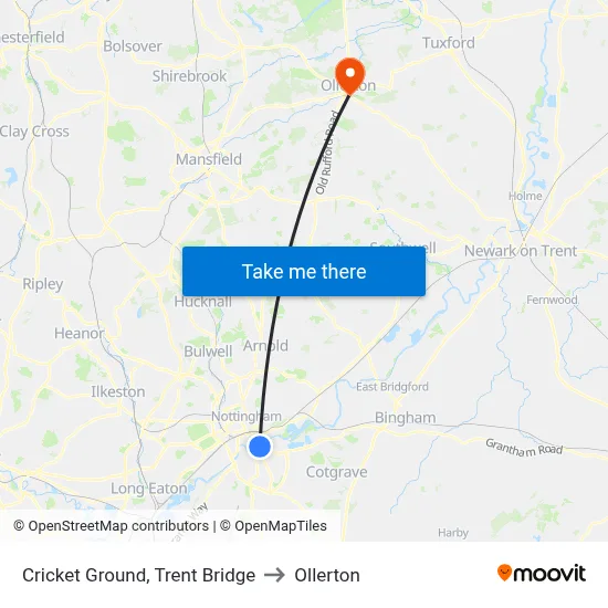 Cricket Ground, Trent Bridge to Ollerton map