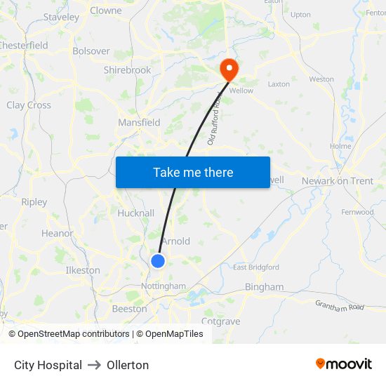 City Hospital to Ollerton map