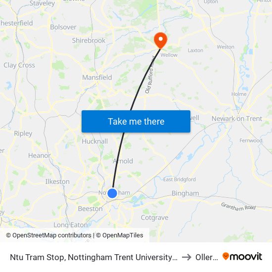 Ntu Tram Stop, Nottingham Trent University In City Centre to Ollerton map