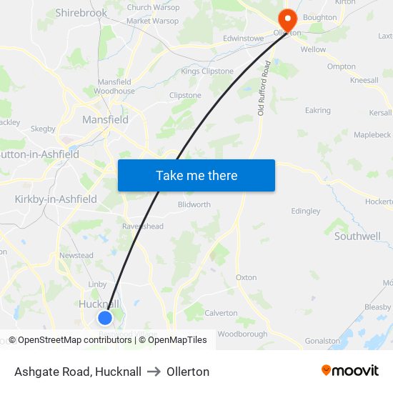 Ashgate Road, Hucknall to Ollerton map