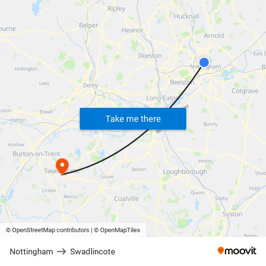 Nottingham to Swadlincote map