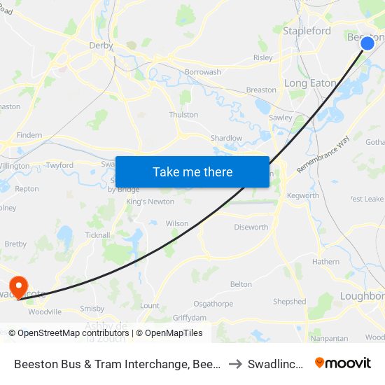 Beeston Bus & Tram Interchange, Beeston to Swadlincote map