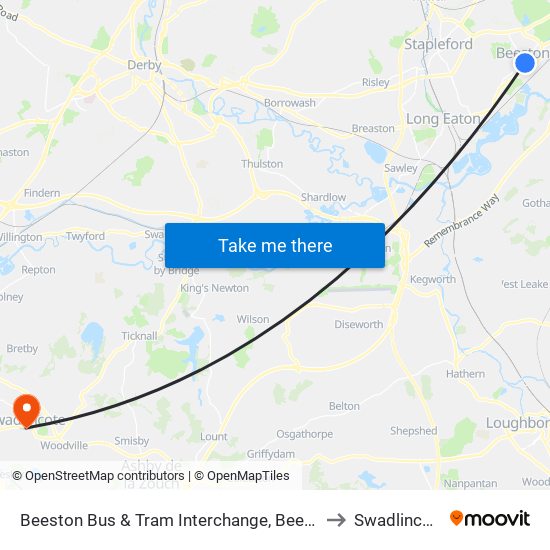 Beeston Bus & Tram Interchange, Beeston to Swadlincote map