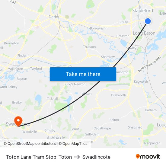 Toton Lane Tram Stop, Toton to Swadlincote map
