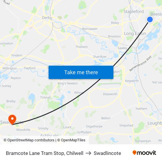 Bramcote Lane Tram Stop, Chilwell to Swadlincote map