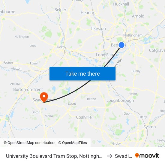 University Boulevard Tram Stop, Nottingham University Main Campus to Swadlincote map