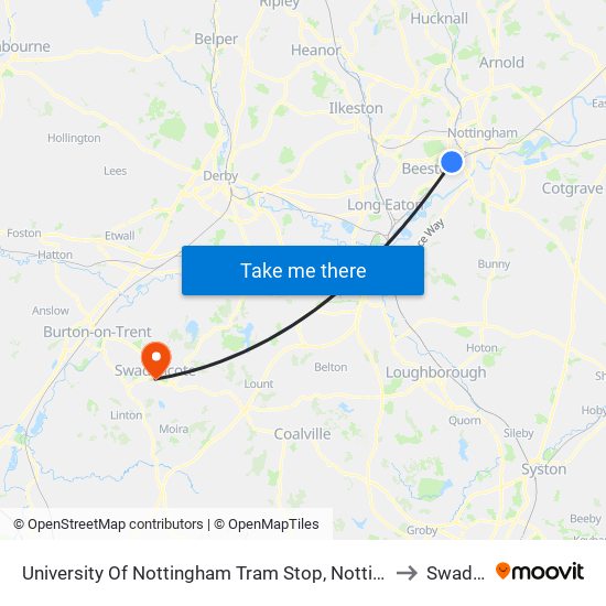 University Of Nottingham Tram Stop, Nottingham University Main Campus to Swadlincote map