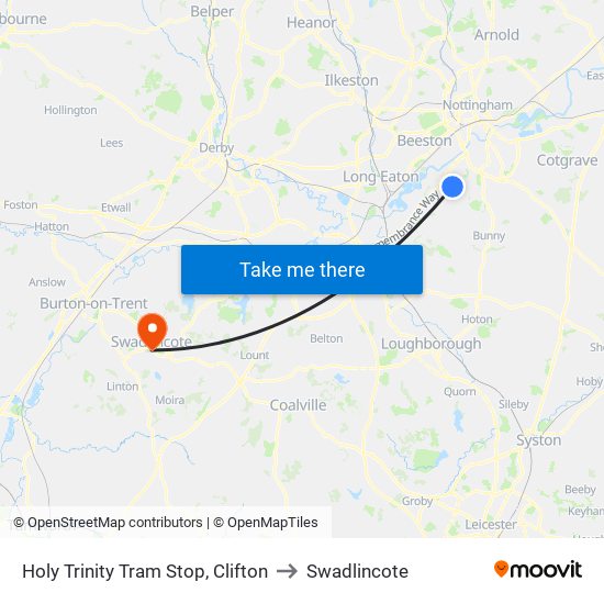 Holy Trinity Tram Stop, Clifton to Swadlincote map