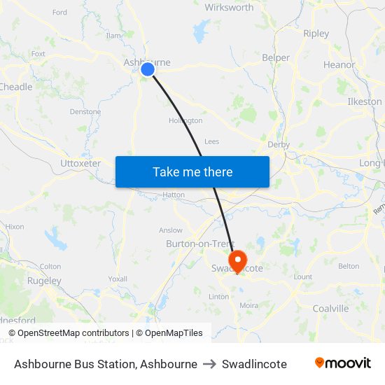 Ashbourne Bus Station, Ashbourne to Swadlincote map