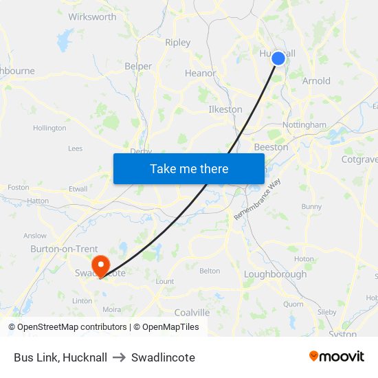 Bus Link, Hucknall to Swadlincote map