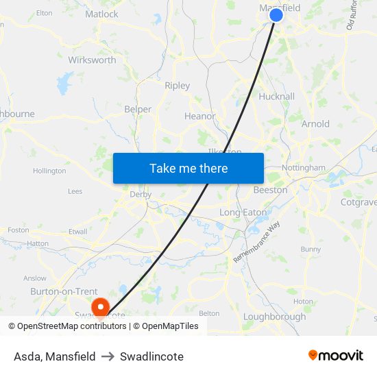 Asda, Mansfield to Swadlincote map