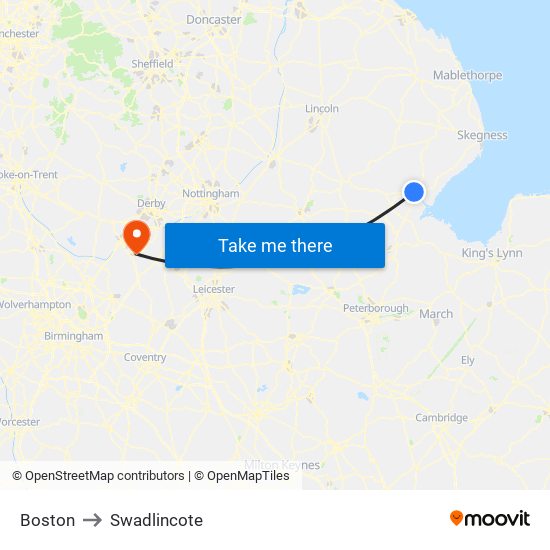 Boston to Swadlincote map