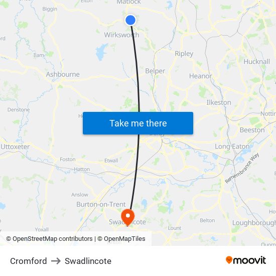 Cromford to Swadlincote map