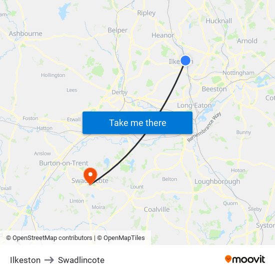 Ilkeston to Swadlincote map