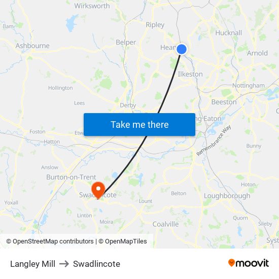 Langley Mill to Swadlincote map