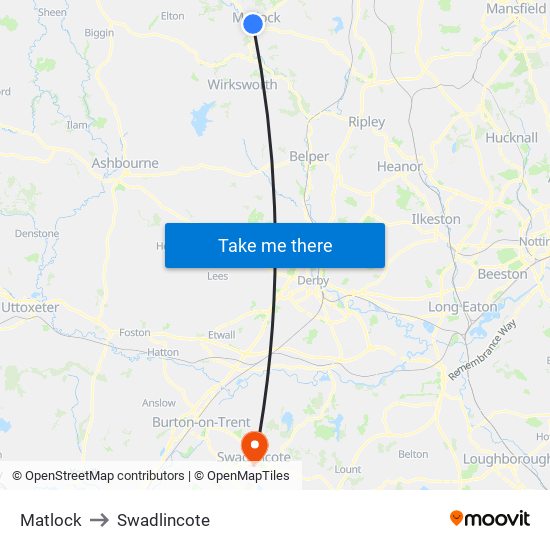 Matlock to Swadlincote map