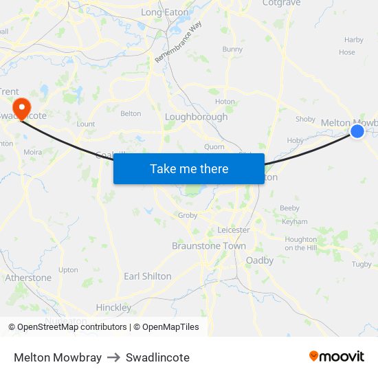 Melton Mowbray to Swadlincote map