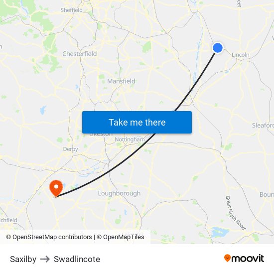 Saxilby to Swadlincote map