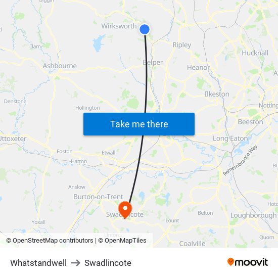 Whatstandwell to Swadlincote map