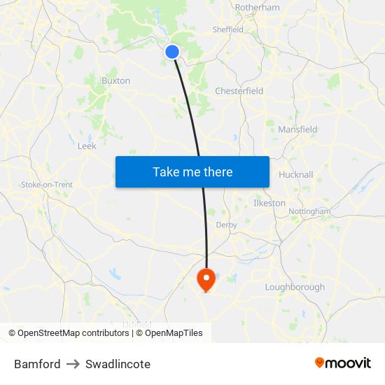 Bamford to Swadlincote map