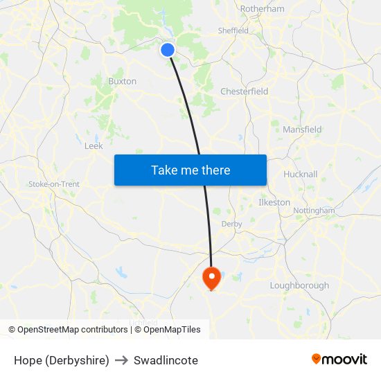 Hope (Derbyshire) to Swadlincote map