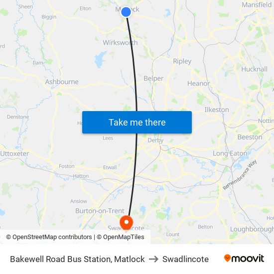 Bakewell Road, Matlock to Swadlincote map