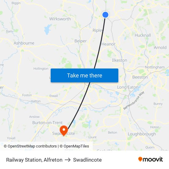 Railway Station, Alfreton to Swadlincote map