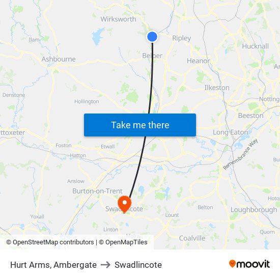 Hurt Arms, Ambergate to Swadlincote map